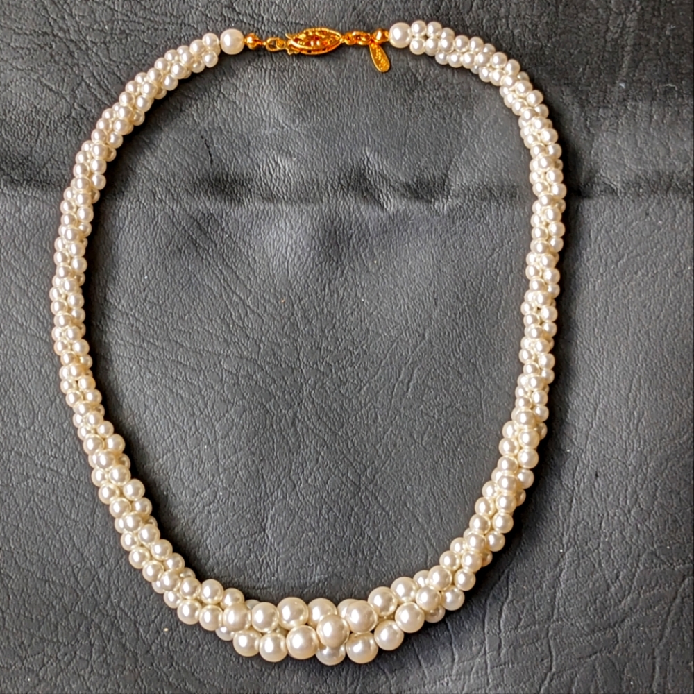 Napier Graduated Faux Pearls Twisted Multi Strand Necklace Gold Findings Vintage